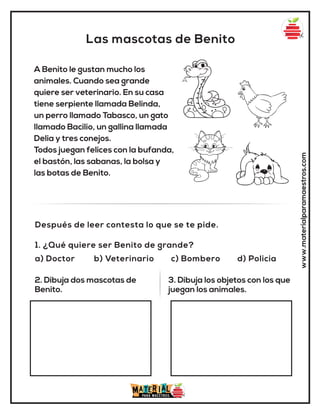 Las mascotas de Benito
www.materialparamaestros.com
A Benito le gustan mucho los
animales. Cuando sea grande
quiere ser veterinario. En su casa
tiene serpiente llamada Belinda,
un perro llamado Tabasco, un gato
llamado Bacilio, un gallina llamada
Delia y tres conejos.
Todos juegan felices con la bufanda,
el bastón, las sabanas, la bolsa y
las botas de Benito.
1. ¿Qué quiere ser Benito de grande?
a) Doctor b) Veterinario c) Bombero d) Policia
Después de leer contesta lo que se te pide.
2. Dibuja dos mascotas de
Benito.
3. Dibuja los objetos con los que
juegan los animales.
 