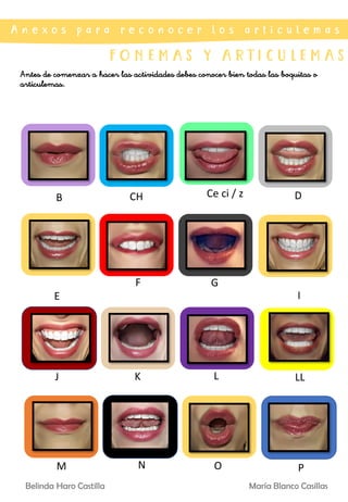A n e x o s p a r a r e c o n o c e r l o s a r t i c u l e m a s
F O N E M A S Y A R T I C U L E M A S
Antes de comenzar a hacer las actividades debes conocer bien todas las boquitas o
articulemas.
Belinda Haro Castilla María Blanco Casillas
CH
B Ce ci / z D
G
F
E I
L
K
J LL
O
N
M P
 