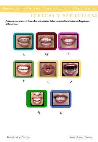 A n e x o s p a r a r e c o n o c e r l o s a r t i c u l e m a s
F O N E M A S Y A R T I C U L E M A S
Antes de comenzar a hacer las actividades debes conocer bien todas las boquitas o
articulemas.
Belinda Haro Castilla María Blanco Casillas
S
RR
R
T U A
X
Ñ
 