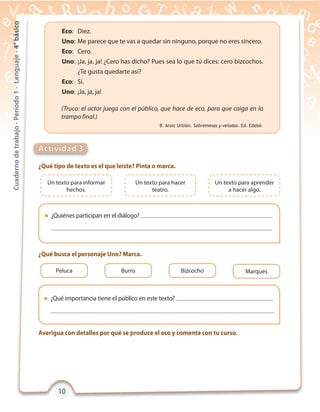10101010
Cuadernodetrabajo-Período1-Lenguaje-4°básico
Actividad 3
¿Qué tipo de texto es el que leíste? Pinta o marca.
Averigua con detalles por qué se produce el eco y comenta con tu curso.
 ¿Quiénes participan en el diálogo?
 ¿Qué importancia tiene el público en este texto?
¿Qué busca el personaje Uno? Marca.
Eco: Diez.
Uno: Me parece que te vas a quedar sin ninguno, porque no eres sincero.
Eco: Cero.
Uno: ¡Ja, ja, ja! ¿Cero has dicho? Pues sea lo que tú dices: cero bizcochos.
¿Te gusta quedarte así?
Eco: Sí.
Uno: ¡Ja, ja, ja!
(Truco: el actor juega con el público, que hace de eco, para que caiga en la
trampa final.)
B. Araiz Urbión. Sobremesas y veladas. Ed. Edebé.
Un texto para informar
hechos.
Peluca Burro Bizcocho Marqués
Un texto para hacer
teatro.
Un texto para aprender
a hacer algo.
 