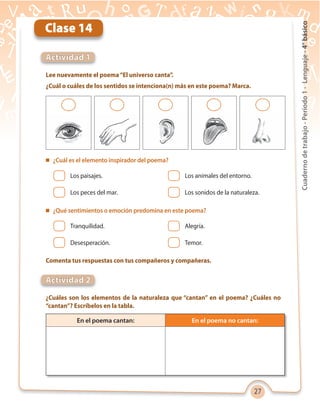 27
Cuadernodetrabajo-Período1-Lenguaje-4°básico
Lee nuevamente el poema“El universo canta”.
¿Cuál o cuáles de los sentidos se intenciona(n) más en este poema? Marca.
¿Cuáles son los elementos de la naturaleza que “cantan” en el poema? ¿Cuáles no
“cantan”? Escríbelos en la tabla.
Comenta tus respuestas con tus compañeros y compañeras.
Actividad 1
Actividad 2
Clase 14
Los paisajes.
Los peces del mar.
Tranquilidad.
Desesperación.
Los animales del entorno.
Los sonidos de la naturaleza.
Alegría.
Temor.
 ¿Cuál es el elemento inspirador del poema?
 ¿Qué sentimientos o emoción predomina en este poema?
En el poema cantan: En el poema no cantan:
 