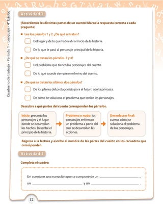 32323232
Cuadernodetrabajo-Período1-Lenguaje-4°básico
¡Recordemos las distintas partes de un cuento! Marca la respuesta correcta a cada
pregunta:
Completa el cuadro:
Actividad 2
Actividad 3
Problema o nudo: los
personajes enfrentan
un problema a partir del
cual se desarrollan las
acciones.
Desenlace o final:
cuenta cómo se
soluciona el problema
de los personajes.
Inicio: presenta los
personajes y el lugar
donde se desarrollan
los hechos. Describe el
principio de la historia.
Descubre a qué partes del cuento corresponden los párrafos.
Regresa a la lectura y escribe el nombre de las partes del cuento en los recuadros que
corresponden.
Del lugar y de lo que había ahí al inicio de la historia.
De lo que le pasó al personaje principal de la historia.
Del problema que tienen los personajes del cuento.
De lo que sucede siempre en el reino del cuento.
De los planes del protagonista para el futuro con la princesa.
De cómo se soluciona el problema que tenían los personajes.
 Lee los párrafos 1 y 2. ¿De qué se tratan?
 ¿De qué se tratan los párrafos 3 y 4?
 ¿De qué se tratan los últimos dos párrafos?
Un cuento es una narración que se compone de un ,
un y un .
 