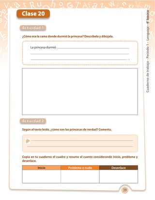 39
Cuadernodetrabajo-Período1-Lenguaje-4°básico
Clase 20
Actividad 1
Actividad 2
¿Cómo era la cama donde durmió la princesa? Descríbela y dibújala.
Según el texto leído, ¿cómo son las princesas de verdad? Comenta.
Copia en tu cuaderno el cuadro y resume el cuento considerando inicio, problema y
desenlace.
La princesa durmió
.
Inicio Problema o nudo Desenlace
 