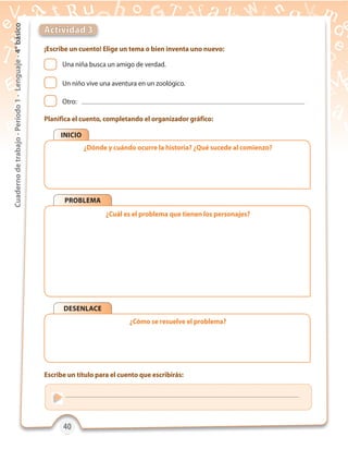 40404040
Cuadernodetrabajo-Período1-Lenguaje-4°básico
¡Escribe un cuento! Elige un tema o bien inventa uno nuevo:
Planifica el cuento, completando el organizador gráfico:
Escribe un título para el cuento que escribirás:
Actividad 3
Una niña busca un amigo de verdad.
Un niño vive una aventura en un zoológico.
Otro:
INICIO
¿Dónde y cuándo ocurre la historia? ¿Qué sucede al comienzo?
PROBLEMA
DESENLACE
¿Cómo se resuelve el problema?
¿Cuál es el problema que tienen los personajes?
 