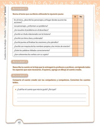42424242
Cuadernodetrabajo-Período1-Lenguaje-4°básico
Revisa el texto que escribiste utilizando la siguiente pauta:
Reescribe tu cuento en la hoja que te entregará tu profesora o profesor, corrigiendo todos
los aspectos que sean necesarios. Si quieres, agrega un dibujo al cuento creado.
Comparte el cuento creado con tus compañeros y compañeras. Comenten los cuentos
leídos.
Actividad 2
Actividad 3
Actividad 4
 ¿Cuál fue el cuento que más te gustó? ¿Por qué?
Revisa el texto que escribiste utilizando la siguiente pauta:Revisa el texto que escribiste utilizando la siguiente pauta:
Sí No
En el inicio, ¿describí los personajes y el lugar donde ocurren las
acciones?
Los personajes, ¿enfrentan un problema?
¿Se resuelve el problema en el desenlace?
¿Escribí un título relacionado con la historia?
¿Escribí con letra clara y ordenada?
¿Escribí puntos al finalizar las oraciones y los párrafos?
¿Escribí con mayúscula los nombres propios y los inicios de oración?
¿Están las palabras tildadas correctamente?
¿Son coherentes los verbos con su sujeto?
 
