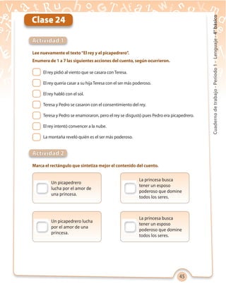 45
Cuadernodetrabajo-Período1-Lenguaje-4°básico
Clase 24
Lee nuevamente el texto“El rey y el picapedrero”.
Enumera de 1 a 7 las siguientes acciones del cuento, según ocurrieron.
Marca el rectángulo que sintetiza mejor el contenido del cuento.
Actividad 1
Actividad 2
El rey pidió al viento que se casara con Teresa.
El rey quería casar a su hija Teresa con el ser más poderoso.
El rey habló con el sol.
Teresa y Pedro se casaron con el consentimiento del rey.
Teresa y Pedro se enamoraron, pero el rey se disgustó pues Pedro era picapedrero.
El rey intentó convencer a la nube.
La montaña reveló quién es el ser más poderoso.
Un picapedrero
lucha por el amor de
una princesa.
Un picapedrero lucha
por el amor de una
princesa.
La princesa busca
tener un esposo
poderoso que domine
todos los seres.
La princesa busca
tener un esposo
poderoso que domine
todos los seres.
 