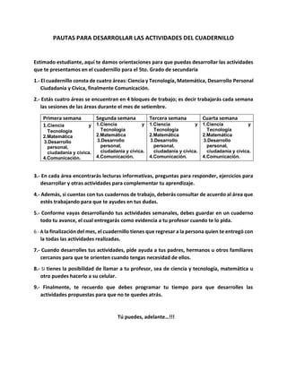 PAUTAS PARA DESARROLLAR LAS ACTIVIDADES DEL CUADERNILLO
Estimado estudiante, aquí te damos orientaciones para que puedas desarrollar las actividades
que te presentamos en el cuadernillo para el 5to. Grado de secundaria
1.- El cuadernillo consta de cuatro áreas: Ciencia y Tecnología, Matemática, Desarrollo Personal
Ciudadanía y Cívica, finalmente Comunicación.
2.- Estás cuatro áreas se encuentran en 4 bloques de trabajo; es decir trabajarás cada semana
las sesiones de las áreas durante el mes de setiembre.
Primera semana Segunda semana Tercera semana Cuarta semana
1.Ciencia y
Tecnología
2.Matemática
3.Desarrollo
personal,
ciudadanía y cívica.
4.Comunicación.
1.Ciencia y
Tecnología
2.Matemática
3.Desarrollo
personal,
ciudadanía y cívica.
4.Comunicación.
1.Ciencia y
Tecnología
2.Matemática
3.Desarrollo
personal,
ciudadanía y cívica.
4.Comunicación.
1.Ciencia y
Tecnología
2.Matemática
3.Desarrollo
personal,
ciudadanía y cívica.
4.Comunicación.
3.- En cada área encontrarás lecturas informativas, preguntas para responder, ejercicios para
desarrollar y otras actividades para complementar tu aprendizaje.
4.- Además, si cuentas con tus cuadernos de trabajo, deberás consultar de acuerdo al área que
estés trabajando para que te ayudes en tus dudas.
5.- Conforme vayas desarrollando tus actividades semanales, debes guardar en un cuaderno
todo tu avance, el cual entregarás como evidencia a tu profesor cuando te lo pida.
6.- A la finalización del mes, el cuadernillo tienes que regresar a la persona quien te entregó con
la todas las actividades realizadas.
7.- Cuando desarrolles tus actividades, pide ayuda a tus padres, hermanos u otros familiares
cercanos para que te orienten cuando tengas necesidad de ellos.
8.- Si tienes la posibilidad de llamar a tu profesor, sea de ciencia y tecnología, matemática u
otro puedes hacerlo a su celular.
9.- Finalmente, te recuerdo que debes programar tu tiempo para que desarrolles las
actividades propuestas para que no te quedes atrás.
Tú puedes, adelante…!!!
 