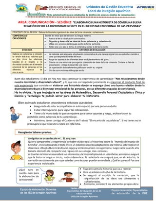 Unidades de Gestión Educativa
Local de la región Apurímac
Recogiendo Saberes previos:
AREA: COMUNICACIÓN - SESIÓN 2: “ELABORAMOSUNAHISTORIETADECÓMOUNABUENA
RELACIÓN DESDE LA DIVERSIDAD INFLUYE EN EL BIENESTAR EMOCIONAL DE LAS PERSONAS”
PROPÓSITO DE LA SESIÓN:“ Elaborar la historieta organizando las ideas de forma coherente y cohesionada.
COMPETENCIAS/
CAPACIDADES
Escribe div ersos tipos de tex tos en su lengua materna.
• Adecua el tex to a la situación comunicativ a.
• Organiza y desarrolla las ideas de forma coherente y cohesionada.
• Utiliza conv enciones del lenguaje escrito de forma pertinente.
• Reflex iona y ev alúa la forma, el contenido y contex to del tex to escrito.
EVIDENCIA CRITERIOS DE EVALUACIÓN
Elabora con coherencia y cohesión
la v ersión final de su historieta que
ex plica cómo las relaciones
basadas en el respeto a la
div ersidad contribuy en al bienestar
emocional de las personas en los
diferentes espacios de
conv iv encia.
• La historieta está adecuada a la situación comunicativ a de una manera original con una estructura narrativ a
clara que despierta el interés del lector.
• Acoge los aportes de las diferentes áreas en el planteamiento del guion.
• Cuenta con una estructura que organiza y desarrolla las ideas de forma coherente. Contiene v iñeta de
presentación, v iñetas de desarrollo y de cierre.
• La organización de los elementos gráficos es creativ a y original.
• Usa las conv enciones dellenguaje escrito
Buen día estudiantes: El día de hoy nos toca continuar la experiencia de aprendizaje “Nos relacionamos desde
nuestra identidad y diversidad cultural”, y lo que nos corresponde justamente es organizar el producto final de
esta experiencia que consiste en elaborar una historieta donde se exponga cómo una buena relación desde la
diversidad contribuye al bienestar emocional de las personas, en sus diferentes espacios de convivencia.
No te olvides… lo que trabajaste en las áreas de Matemática, Desarrollo Personal Ciudadanía y Cívica y
Ciencia y Tecnología te podrán servir para elaborar tu historieta.
Bien estimado estudiante, recordemos entonces que debes:
• Asegurarte de estar acompañado en este espacio por una persona adulta.
• Evitar interrupciones para seguir las indicaciones.
• Tener a la mano todo lo que se requiere para tomar apuntes y luego, archivarlas en tu
portafolio como evidencia de tu aprendizaje.
• Asimismo, tener contigo el Cuaderno de Trabajo “El encanto de las palabras”. Si no tienes no te
preocupes lo que necesites estará en estaficha.
Amiguitos se acuerdan de mí… Sí, soy Juan.
Quiero compartirles la experiencia de haber elaborado la historieta sobre la “leyenda del espejo de
Chincha”,iniciéadecuandoeltextoehice un esbozorealizandoadaptaciones ala historia,sobretodoenel
desenlace:dibujéa Qusimirándoseal espejoy sintiéndosebien consigomisma; luego narré cuando ella
toma la decisión de compartir ese regalo con sus amigas más cercanas.
Al diseñarmi historietaconsiderésus elementosy la historialoplasméenseis viñetas;asimismo aseguré
que la historia tenga un inicio, nudo y desenlace. Al redactarla me aseguré que, en el cartucho, la
narración seacoherente para queustedes como lectores puedan entenderla. ¿Qué les parece? Fue una
experiencia inolvidable.
¿Qué tuvo en
cuenta Juan para
la elaboración de
la historieta?
Equipode elaboración: Docentes
de las IIEE de la región Apurímac
Equipo de acompañamiento:
Especialistas de Educación de las de
Educación de las
UGELs de la región Apurímac
Equipode revisión:Especialistas
de educación de la DRE
• Tuvo en cuenta la historia que va a recrear.
• Hizo un esbozo o diseño de la historia.
• Se aseguró al escribir la narración, que la
organización de las ideas sea coherentes y
cohesionadas.
• Asimismo, consideró los elementos propios de la
 