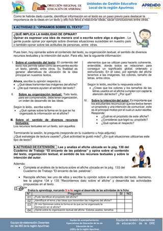 Equipode revisión:Especialistas
de educación de la DRE
Equipo de acompañamiento:
Especialistas de Educación de las de
Educación de las
UGELs de la región Apurímac
Equipo de elaboración:Docentes
de las IIEE dela región Apurímac
 ACTIVIDAD DE EXTENSIÓN:
 ACTIVIDAD 2: “OPINAMOS SOBRE EL TEXTO”
Unidades de Gestión Educativa
Local de la región Apurímac
-------------------------------------------------------------------------------------------------------------------------------------------------
Como te habrás dado cuenta, identificar información en el texto es un paso previo para destacar la
importancia de la ideas en un texto y ello nos lleva a relacionar ideas, sacar conclusiones entre otras.
Pues bien, hoy opinarás sobre el contenido del texto, su organización textual, el sentido de diversos
recursos textuales y la intención del autor. Para ello, lee la siguiente información:
I. Sobre el contenido del texto: El contenido del
texto nos permite saber cómo se encuentra escrito
un texto, párrafo, entre otros. Su finalidad es
generar alternativas de ubicación de la idea
principal en nuestros textos.
Ahora, escribe tu opinión respecto a:
• ¿Qué ideas transmiten las imágenes del afiche?
• ¿De qué manera ayudan al sentido del texto?
II. Sobre su organización textual: Todo texto,
para ser comprensible, debe tener organización,
un orden de desarrollo de las ideas.
Según lo leído, escribe sobre:
• ¿Qué opinas sobre la forma en la que se ha
organizado la información en el afiche?
III. Sobre el sentido de diversos recursos
textuales:
Los recursos textuales en un texto, son aquellos
elementos que se utilizan para hacerlo coherente,
entendible, donde todos se relacionen para
conseguir un significado global, ordenado y
estructurado. En el caso, por ejemplo del afiche
tenemos a las imágenes, los colores, tamaño de
letras, entre otros.
Según lo leído, escribe tu respuesta sobre:
• ¿Crees que los colores y los tamaños de las
letras usados en el afiche cumplen con captar la
atención del lector? ¿Por qué?
IV. Sobre la intención del autor: Es importanteque
los estudiantes reconozcan que los textos tienen
un propósito y una intención de comunicar, este
es el principal motivo por el cual un autor escribe.
Responde:
• ¿Cuál es el propósito de este afiche?
• ¿Consideras que logró su propósito?
• ¿Qué opinas al respecto?
Terminando la sesión, te pregunto (responde en tu cuaderno u hoja adjunta):
¿Qué estrategia de lectura usaste? ¿Qué actividad te gustó más? ¿En qué situaciones utilizarías este
tipo de texto?
Lee y analiza el afiche ubicada en la pág. 130 del
Cuaderno de Trabajo “El encanto de las palabras” y opina sobre el contenido
del texto, organización textual, el sentido de los recursos textuales y sobre la
intención del autor.
Además:
• Completa el análisis de la lectura sobre el afiche ubicada en la pág. 133 del
Cuaderno de Trabajo “El encanto de las palabras”.
• Recopila afiches; lee uno de ellos y escribe tu opinión sobre el contenido del texto. Asimismo,
lee la página 134 y 135 “Recordemos dato sobre el afiche” y desarrolla las actividades
propuestas en el texto.
Evalúa tu aprendizaje, marcando Sí o No según el desarrollo de las actividades de la ficha:
N° Preguntas SI NO
01 ¿Pude identificar el propósito del afiche?
02 ¿Identifiqué el tema y las ideas que transmiten las imágenes del afiche?
03 ¿Di mis Opiniones sobre la forma en la que se ha organizado la
información en el afiche?
04 ¿Opiné sobre la organización textual del afiche: Colores usados, tamaños
¿QUÉ IMPLICA LA HABILIDAD DE OPINAR?
Opinar es expresar una idea de manera oral o escrita sobre algo o alguien . La
gente puede opinar por ejemplo sobre diversas situaciones sucedidas en nuestro país
o también opinar sobre las actitudes de personas, entre otras.
 