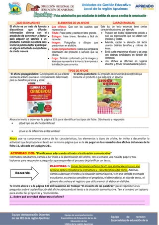 Unidades de Gestión Educativa
Local de la región Apurímac
Equipo deelaboración: Docentes
de las IIEE de la región Apurímac
Equipo de acompañamiento:
Especialistas de Educación de las de
Educación de las
UGELs de la región Apurímac
Equipo de revisión:
Especialistas de educación de la
RecUerda
PLANIFICAR: Es tomar decisiones sobre el texto que elaboraremos y en ese
proceso debes considerar la estructura y características del texto. Además,
vamos a adecuar el texto a la situación comunicativa, y en ese sentido estimado
estudiante, es preciso considerar el propósito, el destinatario, el tipo de texto, el
género discursivo y el registro que utilizaremos al elaborar elafiche.
¿QUÉ ES UN AFICHE? ELEMENTOS DE UN AFICHE CARACTERÍSTICAS
El afiche es un texto de formato
discontinuo que difunde
información diversa con el
propósito de convencer al lector
para adquirir un servicio o un
producto. También se utiliza para
invitar alpúblicolectoraparticipar
en alguna actividado comportarse
de cierta manera.
• Las viñetas: Que son los cuadros que
representa un
• Título: Frase corta y escrita en letra grande.
• Eslogan: frase breve, llamativa y fácil de
recordar.
• Imagen: Fotografías o dibujos que
predominan en el afiche.
• Texto complementario: Datosque amplíanla
información del producto o servicio que se
ofrece.
• Logo: Símbolo conformado por la imagen y
texto que representa a la marca, la empresa o
la institución quecomunica.
Este tipo de texto entonces tiene ciertas
características cómo, por ejemplo:
• Pueden ser leídos rápidamente debido a
que las expresiones que se utilizan son
precisas y cortas.
• Además, captan la atención del lector
usando distintos tamaños y colores de
letras.
• En él suele predominar el color y se juega
con distintas tonalidades en función del
contenido.
• Los afiches se difunden en lugares
abiertos y donde transita bastantepúblico.
TIPOS DE AFICHE
• El afiche propagandístico: Cuyopropósitoesqueel lector
cambie de actitud o asuma un comportamiento determinado
para su beneficio personal y social.
• El afiche publicitario:Supropósitoesconvenceralreceptor deque
consuma un producto o que adquiera un servicio.
Ahora te invito a observar la página 135 para identificar los tipos de fiche. Obsérvalo y responde:
• ¿Qué tipo de aficheidentificas?
…………………………………………………………………………………………………………………………………………………………………………
• ¿Cuál es la diferencia entre ambos?
…………………………………………………………………………………………………………………………………………………………………………
Ahora que ya conocemos acerca de las características, los elementos y tipos de afiche, te invito a desarrollar la
actividad que te propone el texto en la misma página que es la de pegar en los recuadros los afiches del anexo de la
ficha 11, ubicada en la página 211.
ACTIVIDAD DOS: “Planificamos adecuando el texto a la situación comunicativa”
Estimados estudiantes, vamos a dar inicio a la planificación del afiche, ten a la mano una hoja de papel y tus
lapiceros para responder a preguntas que responden al proceso de planificar un texto.
Te invito ahora ir a la página 137 del Cuaderno de Trabajo “El encanto de las palabras” para responder a las
preguntas sobre la planificación del afiche adecuando el texto a la situación comunicativa. Ten a la mano un lapicero
para anotar las preguntas y responderlas.
1. ¿Sobre qué actividad elaborarás el afiche?
……………………………………………………………………………………………………………………………………………………………………………………
……………………………………………………………………………………………………………………………………………………………………………………
 