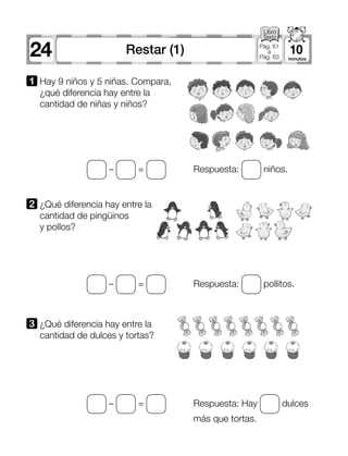 24 10Restar (1) Pág. 61
a
Pág. 63
1 	Hay 9 niños y 5 niñas. Compara,
¿qué diferencia hay entre la
cantidad de niñas y niños?
2 	¿Qué diferencia hay entre la
cantidad de pingüinos
y pollos?
3 	¿Qué diferencia hay entre la
cantidad de dulces y tortas?
– =
– =
– =
Respuesta: niños.
Respuesta: pollitos.
Respuesta: Hay dulces
más que tortas.
 