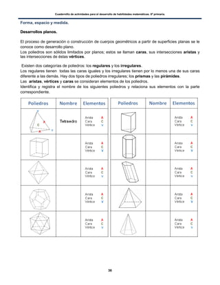 Cuadernillo de actividades para el desarrollo de habilidades matemáticas. 6º primaria.
36
Forma, espacio y medida.
DDeessaarrrroollllooss ppllaannooss..
El proceso de generación o construcción de cuerpos geométricos a partir de superficies planas se le
conoce como desarrollo plano.
Los poliedros son sólidos limitados por planos; estos se llaman caras, sus intersecciones aristas y
las intersecciones de éstas vértices.
Existen dos categorías de poliedros: los regulares y los irregulares.
Los regulares tienen todas las caras iguales y los irregulares tienen por lo menos una de sus caras
diferente a las demás. Hay dos tipos de poliedros irregulares; los prismas y las pirámides.
Las aristas, vértices y caras se consideran elementos de los poliedros.
Identifica y registra el nombre de los siguientes poliedros y relaciona sus elementos con la parte
correspondiente.
 