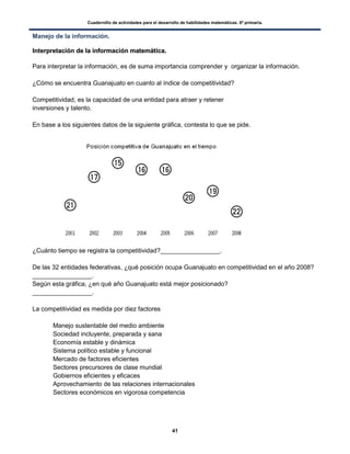 Cuadernillo de actividades para el desarrollo de habilidades matemáticas. 6º primaria.
41
Manejo de la información.
IInntteerrpprreettaacciióónn ddee llaa iinnffoorrmmaacciióónn mmaatteemmááttiiccaa..
Para interpretar la información, es de suma importancia comprender y organizar la información.
¿Cómo se encuentra Guanajuato en cuanto al índice de competitividad?
Competitividad, es la capacidad de una entidad para atraer y retener
inversiones y talento.
En base a los siguientes datos de la siguiente gráfica, contesta lo que se pide.
¿Cuánto tiempo se registra la competitividad?_________________.
De las 32 entidades federativas, ¿qué posición ocupa Guanajuato en competitividad en el año 2008?
_________________.
Según esta gráfica, ¿en qué año Guanajuato está mejor posicionado?
_________________.
La competitividad es medida por diez factores
 Manejo sustentable del medio ambiente
 Sociedad incluyente, preparada y sana
 Economía estable y dinámica
 Sistema político estable y funcional
 Mercado de factores eficientes
 Sectores precursores de clase mundial
 Gobiernos eficientes y eficaces
 Aprovechamiento de las relaciones internacionales
 Sectores económicos en vigorosa competencia
 