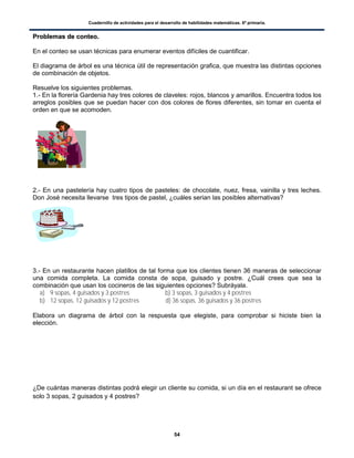 Cuadernillo de actividades para el desarrollo de habilidades matemáticas. 6º primaria.
54
PPrroobblleemmaass ddee ccoonntteeoo..
En el conteo se usan técnicas para enumerar eventos difíciles de cuantificar.
El diagrama de árbol es una técnica útil de representación grafica, que muestra las distintas opciones
de combinación de objetos.
Resuelve los siguientes problemas.
1.- En la florería Gardenia hay tres colores de claveles: rojos, blancos y amarillos. Encuentra todos los
arreglos posibles que se puedan hacer con dos colores de flores diferentes, sin tomar en cuenta el
orden en que se acomoden.
2.- En una pastelería hay cuatro tipos de pasteles: de chocolate, nuez, fresa, vainilla y tres leches.
Don José necesita llevarse tres tipos de pastel, ¿cuáles serian las posibles alternativas?
3.- En un restaurante hacen platillos de tal forma que los clientes tienen 36 maneras de seleccionar
una comida completa. La comida consta de sopa, guisado y postre. ¿Cuál crees que sea la
combinación que usan los cocineros de las siguientes opciones? Subráyala.
a) 9 sopas, 4 guisados y 3 postres b) 3 sopas, 3 guisados y 4 postres
b) 12 sopas, 12 guisados y 12 postres d) 36 sopas, 36 guisados y 36 postres
Elabora un diagrama de árbol con la respuesta que elegiste, para comprobar si hiciste bien la
elección.
¿De cuántas maneras distintas podrá elegir un cliente su comida, si un día en el restaurant se ofrece
solo 3 sopas, 2 guisados y 4 postres?
 