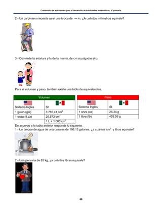 Cuadernillo de actividades para el desarrollo de habilidades matemáticas. 6º primaria.
60
2.- Un carpintero necesita usar una broca de in. ¿A cuántos milímetros equivale?
3.- Convierte tu estatura y la de tu mamá, de cm a pulgadas (in).
Para el volumen y peso, también existe una tabla de equivalencias.
Volumen
Sistema Ingles SI
1 galón (gal) 3 785.41 cm3
1 onza (fl.oz) 29.573 cm3
1 L = 1 000 cm3
De acuerdo a la tabla anterior responde lo siguiente.
1.- Un tanque de agua de una casa es de 198.13 galones, ¿a cuántos cm3
y litros equivale?
2.- Una persona de 85 kg, ¿a cuántas libras equivale?
Peso
Sistema Ingles SI
1 onza (oz) 28.34 g
1 libra (lb) 453.59 g
Idea principal Idea principal
 
