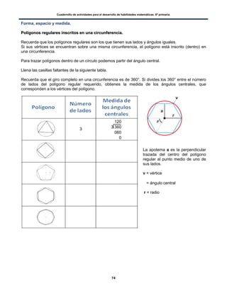 Cuadernillo de actividades para el desarrollo de habilidades matemáticas. 6º primaria.
74
Forma, espacio y medida.
PPoollííggoonnooss rreegguullaarreess iinnssccrriittooss eenn uunnaa cciirrccuunnffeerreenncciiaa..
Recuerda que los polígonos regulares son los que tienen sus lados y ángulos iguales.
Si sus vértices se encuentran sobre una misma circunferencia, el polígono está inscrito (dentro) en
una circunferencia.
Para trazar polígonos dentro de un círculo podemos partir del ángulo central.
Llena las casillas faltantes de la siguiente tabla.
Recuerda que el giro completo en una circunferencia es de 360°. Si divides los 360° entre el número
de lados del polígono regular requerido, obtienes la medida de los ángulos centrales, que
corresponden a los vértices del polígono.
La apotema a es la perpendicular
trazada del centro del polígono
regular al punto medio de uno de
sus lados.
v = vértice
= ángulo central
r = radio
3
120
3 360
060
0
 