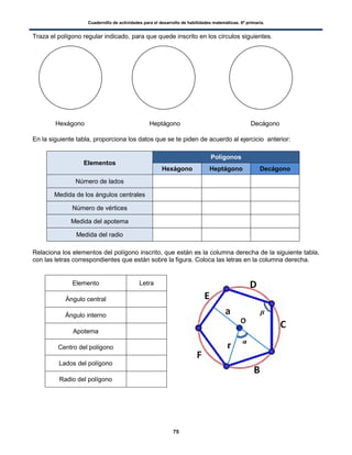 Cuadernillo de actividades para el desarrollo de habilidades matemáticas. 6º primaria.
75
Traza el polígono regular indicado, para que quede inscrito en los círculos siguientes.
Hexágono Heptágono Decágono
En la siguiente tabla, proporciona los datos que se te piden de acuerdo al ejercicio anterior:
Elementos
Polígonos
Hexágono Heptágono Decágono
Número de lados
Medida de los ángulos centrales
Número de vértices
Medida del apotema
Medida del radio
Relaciona los elementos del polígono inscrito, que están es la columna derecha de la siguiente tabla,
con las letras correspondientes que están sobre la figura. Coloca las letras en la columna derecha.
Elemento Letra
Ángulo central
Ángulo interno
Apotema
Centro del polígono
Lados del polígono
Radio del polígono
 
