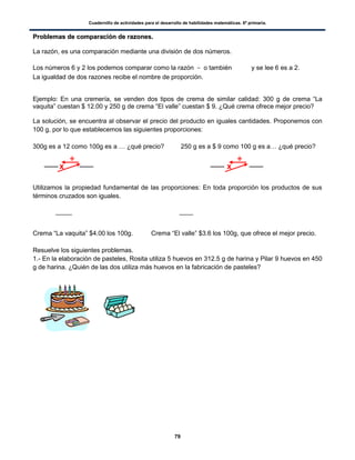Cuadernillo de actividades para el desarrollo de habilidades matemáticas. 6º primaria.
79
PPrroobblleemmaass ddee ccoommppaarraacciióónn ddee rraazzoonneess..
La razón, es una comparación mediante una división de dos números.
Los números 6 y 2 los podemos comparar como la razón o también y se lee 6 es a 2.
La igualdad de dos razones recibe el nombre de proporción.
Ejemplo: En una cremería, se venden dos tipos de crema de similar calidad: 300 g de crema “La
vaquita” cuestan $ 12.00 y 250 g de crema “El valle” cuestan $ 9. ¿Qué crema ofrece mejor precio?
La solución, se encuentra al observar el precio del producto en iguales cantidades. Proponemos con
100 g, por lo que establecemos las siguientes proporciones:
300g es a 12 como 100g es a … ¿qué precio? 250 g es a $ 9 como 100 g es a… ¿qué precio?
Utilizamos la propiedad fundamental de las proporciones: En toda proporción los productos de sus
términos cruzados son iguales.
Crema “La vaquita” $4.00 los 100g. Crema “El valle” $3.6 los 100g, que ofrece el mejor precio.
Resuelve los siguientes problemas.
1.- En la elaboración de pasteles, Rosita utiliza 5 huevos en 312.5 g de harina y Pilar 9 huevos en 450
g de harina. ¿Quién de las dos utiliza más huevos en la fabricación de pasteles?
x
÷
x
÷
 