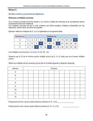 Cuadernillo de actividades para el desarrollo de habilidades matemáticas. 6º primaria.
83
Bloque 5.
Sentido numérico y pensamiento algebraico.
DDiivviissoorreess yy mmúúllttiippllooss ccoommuunneess..
Si un número a divide de forma exacta a un número múltiplo b, entonces a es considerado divisor
propiamente dicho del múltiplo b.
Los múltiplos comunes de dos o más números son todos aquellos múltiplos compartidos por los
segundos, siendo estos divisores de aquellos.
Ejemplo: Halla los múltiplos de 2, 3 y 4 y regístralos en la siguiente tabla:
Números (a) Múltiplos (b)
2 2 4 6 8 10 12 14 16 18 20 22 24
3 3 6 9 12 15 18 21 24 27 30 33 36
4 4 8 12 16 20 24 28 32 36 40 44 48
Los múltiplos comunes de 2, 3 y 4 son 12, 24, 36…etc.
Observa que el 12 es el mínimo común múltiplo (mcm) de 2, 3 y 4, dado que es el menor múltiplo
común.
Obtén los múltiplos de los números que se dan en la tabla siguiente y después responde.
Número Múltiplos
5
6
7
8
9
10
11
12
Proporciona el mcm, de los cuatro primeros números (5, 6, 7 y 8). _________________.
Proporciona el mcm, de los cuatro últimos números (9, 10, 11 y 12). _________________.
 