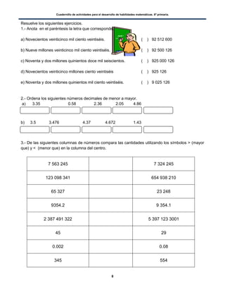 Cuadernillo de actividades para el desarrollo de habilidades matemáticas. 6º primaria.
8
Resuelve los siguientes ejercicios.
1.- Anota en el paréntesis la letra que corresponde.
a) Novecientos veinticinco mil ciento veintiséis. ( ) 92 512 600
b) Nueve millones veinticinco mil ciento veintiséis. ( ) 92 500 126
c) Noventa y dos millones quinientos doce mil seiscientos. ( ) 925 000 126
d) Novecientos veinticinco millones ciento veintiséis ( ) 925 126
e) Noventa y dos millones quinientos mil ciento veintiséis. ( ) 9 025 126
2.- Ordena los siguientes números decimales de menor a mayor.
a) 3.35 0.58 2.36 2.05 4.86
b) 3.5 3.476 4.37 4.672 1.43
3.- De las siguientes columnas de números compara las cantidades utilizando los símbolos > (mayor
que) y < (menor que) en la columna del centro.
7 563 245 7 324 245
123 098 341 654 938 210
65 327 23 248
9354.2 9 354.1
2 387 491 322 5 397 123 3001
45 29
0.002 0.08
345 554
 