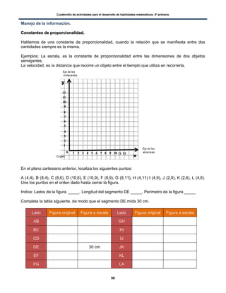 Cuadernillo de actividades para el desarrollo de habilidades matemáticas. 6º primaria.
96
Manejo de la información.
CCoonnssttaanntteess ddee pprrooppoorrcciioonnaalliiddaadd..
Hablamos de una constante de proporcionalidad, cuando la relación que se manifiesta entre dos
cantidades siempre es la misma.
Ejemplos: La escala, es la constante de proporcionalidad entre las dimensiones de dos objetos
semejantes.
La velocidad, es la distancia que recorre un objeto entre el tiemplo que utiliza en recorrerla.
En el plano cartesiano anterior, localiza los siguientes puntos:
A (4,4), B (8,4), C (8,6), D (10,6), E (10,9), F (8,9), G (8,11), H (4,11) I (4,9), J (2,9), K (2,6), L (4,6).
Une los puntos en el orden dado hasta cerrar la figura.
Indica: Lados de la figura _____. Longitud del segmento DE _____. Perímetro de la figura _____
Completa la tabla siguiente, de modo que el segmento DE mida 30 cm.
Lado Figura original Figura a escala Lado Figura original Figura a escala
AB GH
BC HI
CD IJ
DE 30 cm JK
EF KL
FG LA
 