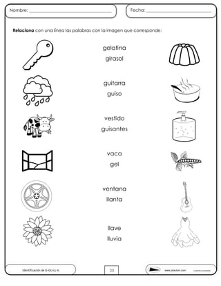 www.pliactom.com Cuadernillo de actividades
Nombre: ______________________________________ Fecha: ______________________________
35
Relaciona con una línea las palabras con la imagen que corresponde:
Identificación de G-GU-LL-V.
gelatina
girasol
guitarra
guiso
vestido
guisantes
vaca
gel
ventana
llanta
llave
lluvia
 