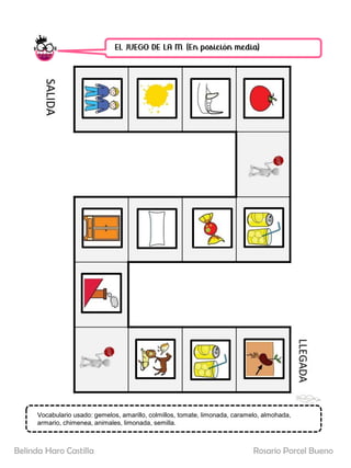 EL JUEGO DE LA M. (En posición media)
SALIDA
LLEGADA
Vocabulario usado: gemelos, amarillo, colmillos, tomate, limonada, caramelo, almohada,
armario, chimenea, animales, limonada, semilla.
Rosario Porcel Bueno
Belinda Haro Castilla
 