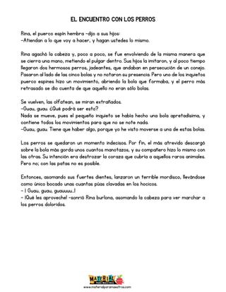 www.materialparamaestros.com
EL ENCUENTRO CON LOS PERROS
Rina, el puerco espín hembra –dijo a sus hijos:
-Atiendan a lo que voy a hacer, y hagan ustedes lo mismo.
Rina agachó la cabeza y, poco a poco, se fue envolviendo de la misma manera que
se cierra una mano, metiendo el pulgar dentro. Sus hijos la imitaron, y al poco tiempo
llegaron dos hermosos perros, jadeantes, que andaban en persecución de un conejo.
Pasaron al lado de las cinco bolas y no notaron su presencia. Pero uno de los inquietos
puerco espines hizo un movimiento, abriendo la bola que formaba, y el perro más
retrasado se dio cuenta de que aquello no eran sólo bolas.
Se vuelven, las olfatean, se miran extrañados.
-Guau, guau. ¿Qué podrá ser esto?
Nada se mueve, pues el pequeño inquieto se había hecho una bola apretadísima, y
contiene todos los movimientos para que no se note nada.
-Guau, guau. Tiene que haber algo, porque yo he visto moverse a una de estas bolas.
Los perros se quedaron un momento indecisos. Por fin, el más atrevido descargó
sobre la bola más gorda unos cuantos manotazos, y su compañero hizo lo mismo con
las otras. Su intención era destrozar la coraza que cubría a aquellos raros animales.
Pero no; con las patas no es posible.
Entonces, asomando sus fuertes dientes, lanzaron un terrible mordisco, llevándose
como único bocado unas cuantas púas clavadas en los hocicos.
- ¡ Guau, guau, guauuuu...!
- ¡Qué les aproveche! –sonrió Rina burlona, asomando la cabeza para ver marchar a
los perros doloridos.
 