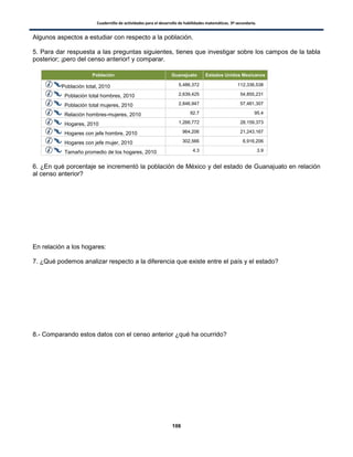 Cuadernillo de actividades para el desarrollo de habilidades matemáticas. 3º secundaria.
106
Algunos aspectos a estudiar con respecto a la población.
5. Para dar respuesta a las preguntas siguientes, tienes que investigar sobre los campos de la tabla
posterior; ¡pero del censo anterior! y comparar.
Población Guanajuato Estados Unidos Mexicanos
Población total, 2010 5,486,372 112,336,538
Población total hombres, 2010 2,639,425 54,855,231
Población total mujeres, 2010 2,846,947 57,481,307
Relación hombres-mujeres, 2010 92.7 95.4
Hogares, 2010 1,266,772 28,159,373
Hogares con jefe hombre, 2010 964,206 21,243,167
Hogares con jefe mujer, 2010 302,566 6,916,206
Tamaño promedio de los hogares, 2010 4.3 3.9
6. ¿En qué porcentaje se incrementó la población de México y del estado de Guanajuato en relación
al censo anterior?
En relación a los hogares:
7. ¿Qué podemos analizar respecto a la diferencia que existe entre el país y el estado?
8.- Comparando estos datos con el censo anterior ¿qué ha ocurrido?
 