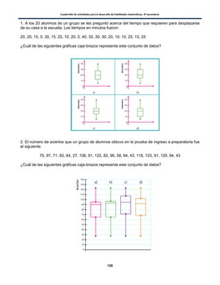 Cuadernillo de actividades para el desarrollo de habilidades matemáticas. 3º secundaria.
128
1. A los 20 alumnos de un grupo se les preguntó acerca del tiempo que requieren para desplazarse
de su casa a la escuela. Los tiempos en minutos fueron:
20, 20, 15, 5, 30, 15, 25, 10, 20, 5, 40, 35, 30, 30, 20, 10, 10, 25, 15, 25
¿Cuál de las siguientes gráficas caja-brazos representa este conjunto de datos?
2. El número de aciertos que un grupo de alumnos obtuvo en la prueba de ingreso a preparatoria fue
el siguiente:
75, 97, 71, 65, 84, 27, 108, 91, 122, 82, 96, 58, 94, 43, 116, 123, 91, 120, 94, 43
¿Cuál de las siguientes gráficas caja-brazos representa este conjunto de datos?
 