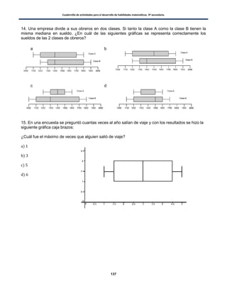 Cuadernillo de actividades para el desarrollo de habilidades matemáticas. 3º secundaria.
137
14. Una empresa divide a sus obreros en dos clases. Si tanto la clase A como la clase B tienen la
misma mediana en sueldo. ¿En cuál de las siguientes gráficas se representa correctamente los
sueldos de las 2 clases de obreros?
15. En una encuesta se preguntó cuantas veces al año salían de viaje y con los resultados se hizo la
siguiente gráfica caja brazos:
¿Cuál fue el máximo de veces que alguien salió de viaje?
)
)
)
)
a b
c d
 