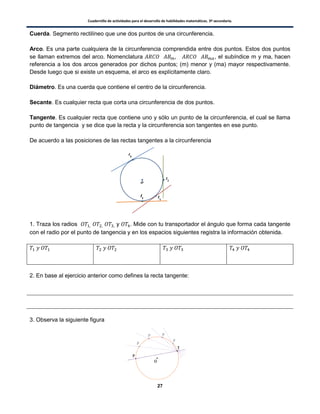 Cuadernillo de actividades para el desarrollo de habilidades matemáticas. 3º secundaria.
27
Cuerda. Segmento rectilíneo que une dos puntos de una circunferencia.
Arco. Es una parte cualquiera de la circunferencia comprendida entre dos puntos. Estos dos puntos
se llaman extremos del arco. Nomenclatura , el subíndice m y ma, hacen
referencia a los dos arcos generados por dichos puntos; (m) menor y (ma) mayor respectivamente.
Desde luego que si existe un esquema, el arco es explícitamente claro.
Diámetro. Es una cuerda que contiene el centro de la circunferencia.
Secante. Es cualquier recta que corta una circunferencia de dos puntos.
Tangente. Es cualquier recta que contiene uno y sólo un punto de la circunferencia, el cual se llama
punto de tangencia y se dice que la recta y la circunferencia son tangentes en ese punto.
De acuerdo a las posiciones de las rectas tangentes a la circunferencia
1. Traza los radios y . Mide con tu transportador el ángulo que forma cada tangente
con el radio por el punto de tangencia y en los espacios siguientes registra la información obtenida.
2. En base al ejercicio anterior como defines la recta tangente:
3. Observa la siguiente figura
 