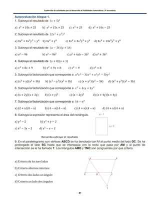 Cuadernillo de actividades para el desarrollo de habilidades matemáticas. 3º secundaria.
41
Autoevaluación bloque 1.
1. Subraya el resultado de ( )
) ) ) )
2. Subraya el resultado de ( )
) ) ) )
3. Subraya el resultado de ( )( )
) ) ) )
4. Subraya el resultado de ( )( )
) ) ) )
5. Subraya la factorización que corresponde a
) ( )( ) ) ( )( ) ) ( )( ) ) ( )( )
6. Subraya la factorización que corresponde a
) ( )( ) ) ( ) ) ( ) ) ( )( )
7. Subraya la factorización que corresponde a
) ( )( ) ) ( )( ) ) ( )( ) ) ( )( )
8. Subraya la expresión representa el área del rectángulo.
) )
) )
9. En el paralelogramo con vértices ABCD se ha denotado con M al punto medio del lado DC. Se ha
prolongado el lado BC hasta que se interseque con la recta que pasa por AM y al punto de
intersección se le ha llamado T. Los triángulos AMD y TMC son congruentes por que criterio.
)
)
)
)
Recuerda subrayar el resultado
 