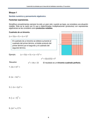 Cuadernillo de actividades para el desarrollo de habilidades matemáticas. 3º secundaria.
6
Bloque 1
Sentido numérico y pensamiento algebraico.
FFaaccttoorriizzaarr eexxpprreessiioonneess..
Simplificar procedimientos siempre ha sido un gran reto; cuando se logra, se considera una situación
notable. Esta es la razón por lo que a determinadas multiplicaciones (productos) con expresiones
algebraicas se les considera como productos notables.
Cuadrado de un binomio.
( )( ) ( )
Ejemplo: ( )( ) ( )
,( )( )-
El resultado es un trinomio cuadrado perfecto.
1. ( )
2. ( )
3. ( )
4. (– )
5. ( ) =
El cuadrado de un binomio se obtiene sumando el
cuadrado del primer término, el doble producto del
primer término por el segundo y el cuadrado del
segundo término.
Resuelve:
 
