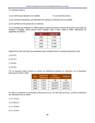 Cuadernillo de actividades para el desarrollo de habilidades matemáticas. 3º secundaria.
69
12. Llámese índice a:
) Los valores que adquiere una variable. ) Los números primos.
) Los números indicadores, que describen los cambios o evolución de una variable.
) Los cambios en los precios de un producto.
13. Un estudio que comenzó en 1990 analiza el salario promedio mensual de un joven que acaba de
empezar a trabajar. Dicho estudio tomó medidas cada 5 años, hasta el 2005, obteniendo los
siguientes resultados:
Determina el valor del índice que presente mayor variación entre un periodo quinquenal y otro.
)
)
)
)
14. La siguiente tabla muestra el número de bibliotecas públicas en operación en la República
Mexicana de 2003 a 2006.
En 2005, la población en la República Mexicana era de 103 263 388 personas. ¿Cuántos habitantes
por biblioteca hubo en 2005?
)
)
)
)
Año Salario ($)
1990 7 500
1995 9 500
2000 13 000
2005 18 000
Año
Número de
bibliotecas
Índice
(en porcentajes)
Variación
2003 6 610 100 0%
2004 6 810 103.0257 3.0257%
2005 7 010 106.0514 6.0514%
2006 7 210 109.0771 9.0771%
 