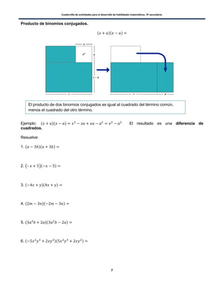 Cuadernillo de actividades para el desarrollo de habilidades matemáticas. 3º secundaria.
7
Producto de binomios conjugados.
( )( )
Ejemplo: ( )( ) El resultado es una diferencia de
cuadrados.
Resuelve:
1. ( )( )
2. (– )( )
3. ( )( )
4. ( )( )
5. ( )( )
6. ( )( )
El producto de dos binomios conjugados es igual al cuadrado del término común,
menos el cuadrado del otro término.
 