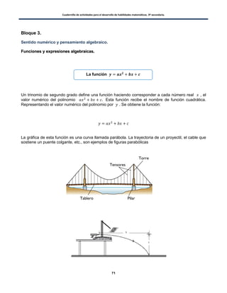 Cuadernillo de actividades para el desarrollo de habilidades matemáticas. 3º secundaria.
71
Bloque 3.
Sentido numérico y pensamiento algebraico.
FFuunncciioonneess yy eexxpprreessiioonneess aallggeebbrraaiiccaass..
Un trinomio de segundo grado define una función haciendo corresponder a cada número real , el
valor numérico del polinomio Esta función recibe el nombre de función cuadrática.
Representando el valor numérico del polinomio por . Se obtiene la función:
La gráfica de esta función es una curva llamada parábola. La trayectoria de un proyectil, el cable que
sostiene un puente colgante, etc., son ejemplos de figuras parabólicas
La función
 