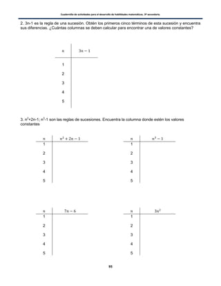 Cuadernillo de actividades para el desarrollo de habilidades matemáticas. 3º secundaria.
95
2. 3n-1 es la regla de una sucesión. Obtén los primeros cinco términos de esta sucesión y encuentra
sus diferencias. ¿Cuántas columnas se deben calcular para encontrar una de valores constantes?
1
2
3
4
5
3. n2
+2n-1; n3
-1 son las reglas de sucesiones. Encuentra la columna donde estén los valores
constantes
1
2
3
4
5
1
2
3
4
5
1
2
3
4
5
1
2
3
4
5
 