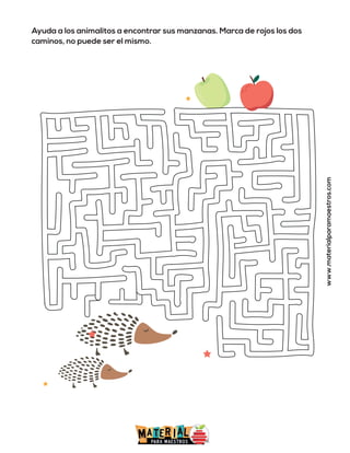 Ayuda a los animalitos a encontrar sus manzanas. Marca de rojos los dos
caminos, no puede ser el mismo.
www.materialparamaestros.com
 