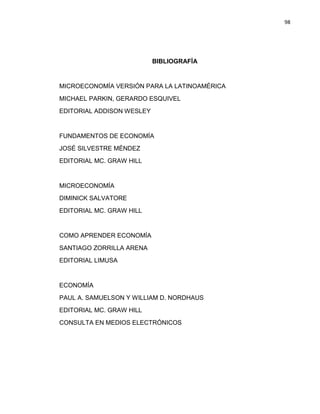 98

BIBLIOGRAFÍA

MICROECONOMÍA VERSIÓN PARA LA LATINOAMÉRICA
MICHAEL PARKIN, GERARDO ESQUIVEL
EDITORIAL ADDISON WESLEY

FUNDAMENTOS DE ECONOMÍA
JOSÉ SILVESTRE MÉNDEZ
EDITORIAL MC. GRAW HILL

MICROECONOMÍA
DIMINICK SALVATORE
EDITORIAL MC. GRAW HILL

COMO APRENDER ECONOMÍA
SANTIAGO ZORRILLA ARENA
EDITORIAL LIMUSA

ECONOMÍA
PAUL A. SAMUELSON Y WILLIAM D. NORDHAUS
EDITORIAL MC. GRAW HILL
CONSULTA EN MEDIOS ELECTRÓNICOS

 
