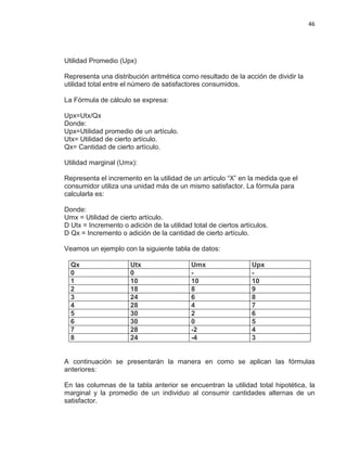46

Utilidad Promedio (Upx)
Representa una distribución aritmética como resultado de la acción de dividir la
utilidad total entre el número de satisfactores consumidos.
La Fórmula de cálculo se expresa:
Upx=Utx/Qx
Donde:
Upx=Utilidad promedio de un artículo.
Utx= Utilidad de cierto artículo.
Qx= Cantidad de cierto artículo.
Utilidad marginal (Umx):
Representa el incremento en la utilidad de un artículo “X” en la medida que el
consumidor utiliza una unidad más de un mismo satisfactor. La fórmula para
calcularla es:
Donde:
Umx = Utilidad de cierto artículo.
D Utx = Incremento o adición de la utilidad total de ciertos artículos.
D Qx = Incremento o adición de la cantidad de cierto artículo.
Veamos un ejemplo con la siguiente tabla de datos:
Qx
0
1
2
3
4
5
6
7
8

Utx
0
10
18
24
28
30
30
28
24

Umx
10
8
6
4
2
0
-2
-4

Upx
10
9
8
7
6
5
4
3

A continuación se presentarán la manera en como se aplican las fórmulas
anteriores:
En las columnas de la tabla anterior se encuentran la utilidad total hipotética, la
marginal y la promedio de un individuo al consumir cantidades alternas de un
satisfactor.

 