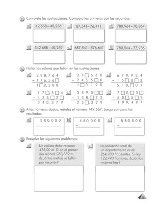 25 Completa las sustracciones. Compara las primeras con las segundas.
    a)    42, 658 − 40, 236      b)     87, 541− 76, 441       c)         780, 964 − 70, 864




    d)    342, 658 − 40, 239     e)    687, 541− 576, 641          f)     780, 964 − 77, 286




26 Hallar los valores que faltan en las sustracciones.
    a)     2 9 8, 7 6 4         b)      3 7 F, 6 6 0          c)          6 7 9, 9 8 4
         − 1 7 6, 5 6                 − 2 4 5, 5 F 0                    − 1 6 ,8     3
           1 2, 2 0 0                   1 F 0, 1 2 0                      5 1 0,   0 1
    d)     7 7 ,5     4         e)      3 8 9, 0              f)          7   0,   0
         − 4 3 5,   2                 − 1 3 8,   7 2                    − 5 0 ,5     9
           3 4 0, 3 7 9                 2 5 ,3 2 9                        1 9 9, 4 9 7

27 A los números dados, réstales el número 149,567. Luego compara los
   resultados.
    a)         3 0 0, 0 0 0      b)        4 5 0, 0 0 0       c)              5 5 0, 5 0 0
           −                           −                                  −



28 Resuelve los siguientes problemas:
    a)         Un ciclista debe recorrer        b)        La población total de
               475,00 m. Si en el primer                  un departamento es de
               día recorre 263,889 m,                     264,980 habitantes. Si hay
               ¿cuántos metros le faltan                  122,490 hombres, ¿cuántas
               por recorrer?                              mujeres hay?




                                                                                             13
 
