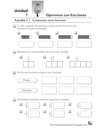Unidad
     7                                   Operemos con fracciones
    Lección 1              Conozcamos varias fracciones

1    Si cada cuadrado representa la unidad, escribe la fracción que
     representa la parte sombreada.
     a)                       b)                      c)              d)




2    Representa de manera gráfica las fracciones indicadas.

          a)         1              b)            3         c)             1
                   1                          2                       3
                    3                             4                        6




3    Escribe tres fracciones propias y tres impropias.


                Propias



               Impropias



4    Convierte las fracciones mixtas en fracciones impropias.
          a)      2                 b)        2                  c)        2
                 1                        3                            5
                  3                           5                            3
          d)       2                e)                           f)        1
                                            7
                 4                        9                            2
                   7                        8                              6


                                                                                     49
                                           http://ayudaparaelmaestro.blogspot.com/
 