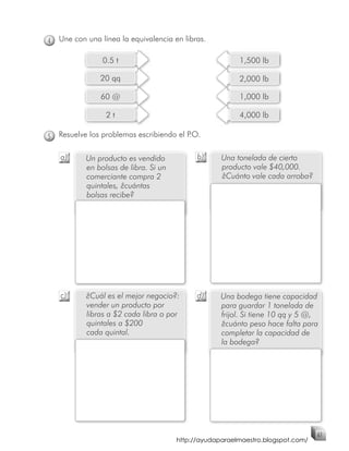 4   Une con una línea la equivalencia en libras.

                 0.5 t                                    1,500 lb

                20 qq                                     2,000 lb

                60 @                                      1,000 lb

                  2t                                      4,000 lb

5   Resuelve los problemas escribiendo el P.O.

    a)      Un producto es vendido            b)     Una tonelada de cierto
            en bolsas de libra. Si un                producto vale $40,000.
            comerciante compra 2                     ¿Cuánto vale cada arroba?
            quintales, ¿cuántas
            bolsas recibe?




    c)      ¿Cuál es el mejor negocio?:       d)     Una bodega tiene capacidad
            vender un producto por                   para guardar 1 tonelada de
            libras a $2 cada libra o por             frijol. Si tiene 10 qq y 5 @,
            quintales a $200                         ¿cuánto peso hace falta para
            cada quintal.                            completar la capacidad de
                                                     la bodega?




                                                                                  61
                                        http://ayudaparaelmaestro.blogspot.com/
 