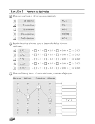 Lección 2             Formemos decimales

9    Une con una línea el número que corresponde:

     a)           26 décimas                                0.26
     b)          2 centésimas                               2.6
     c)          26 milésimas                               0.02
     d)         26 centésimas                               0.0026
     e)         260 milésimas                               0.26

10 Escribe las cifras faltantes para el desarrollo de los números
     decimales.
     a)       5.727            =     × 1+      × 0.1 +    × 0.01 +        × 0.001
     b)       0.727            =     × 1+      × 0.1 +    × 0.01 +        × 0.001
     c)       5.07             =     × 1+      × 0.1 +    × 0.01 +        × 0.001

     d)       0.005            =     × 1+      × 0.1 +    × 0.01 +        × 0.001
     e)       0.507            =     × 1+      × 0.1 +    × 0.01 +        × 0.001

11 Une con líneas y forma números decimales, como en el ejemplo.

     Unidades        Décimas       Centésimas Milésimas

          0            0             0           0
          1            1             1           1
          2            2             2           2
          3            3             3           3
          4            4             4           4
          5            5             5           5                2.415
          6            6             6           6
          7            7             7           7
          8            8             8           8
          9            9             9           9

38
 