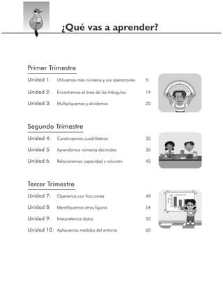 ¿Qué vas a aprender?



Primer Trimestre
Unidad 1:    Utilicemos más números y sus operaciones   5

Unidad 2:    Encontremos el área de los triángulos      14

Unidad 3:    Multipliquemos y dividamos                 20




Segundo Trimestre
Unidad 4:    Construyamos cuadriláteros                 35

Unidad 5:    Aprendamos números decimales               36

Unidad 6:    Relacionemos capacidad y volumen           45




Tercer Trimestre
Unidad 7:    Operemos con fracciones                    49

Unidad 8:    Identifiquemos otras figuras               54

Unidad 9:    Interpretemos datos                        55

Unidad 10: Apliquemos medidas del entorno               60
 