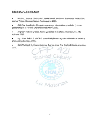 31
BIBLIOGRAFIA CONSULTADA
 WEIGEL, Joshua. CIRCO DE LA MARIPOSA. Duración: 20 minutos. Producción:
Joshua Weigel, Rebekah Weigel, Angie Alvarez 2009.
 GARCIA, José Pedro. El miedo, un enemigo íntimo del emprendedor (y como
gestionarlo) en la Revista Emprendedores (Mayo 2009).
 Angrisani Roberto y Otros. Teoría y práctica de la oficina. Buenos Aires. A&L
editores. 2012.
 Ing. JUAN SHEPUT MOORE. Manual del plan de negocio. Ministerio de trabajo y
promoción del empleo. 2005.
 GUSTAVO ACHA. Emprendedores. Buenos Aires. Arte Grafico Editorial Argentino.
2010.
 
