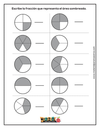 www.materialparamaestros.com
Escribe la fracción que representa el área sombreada.
 