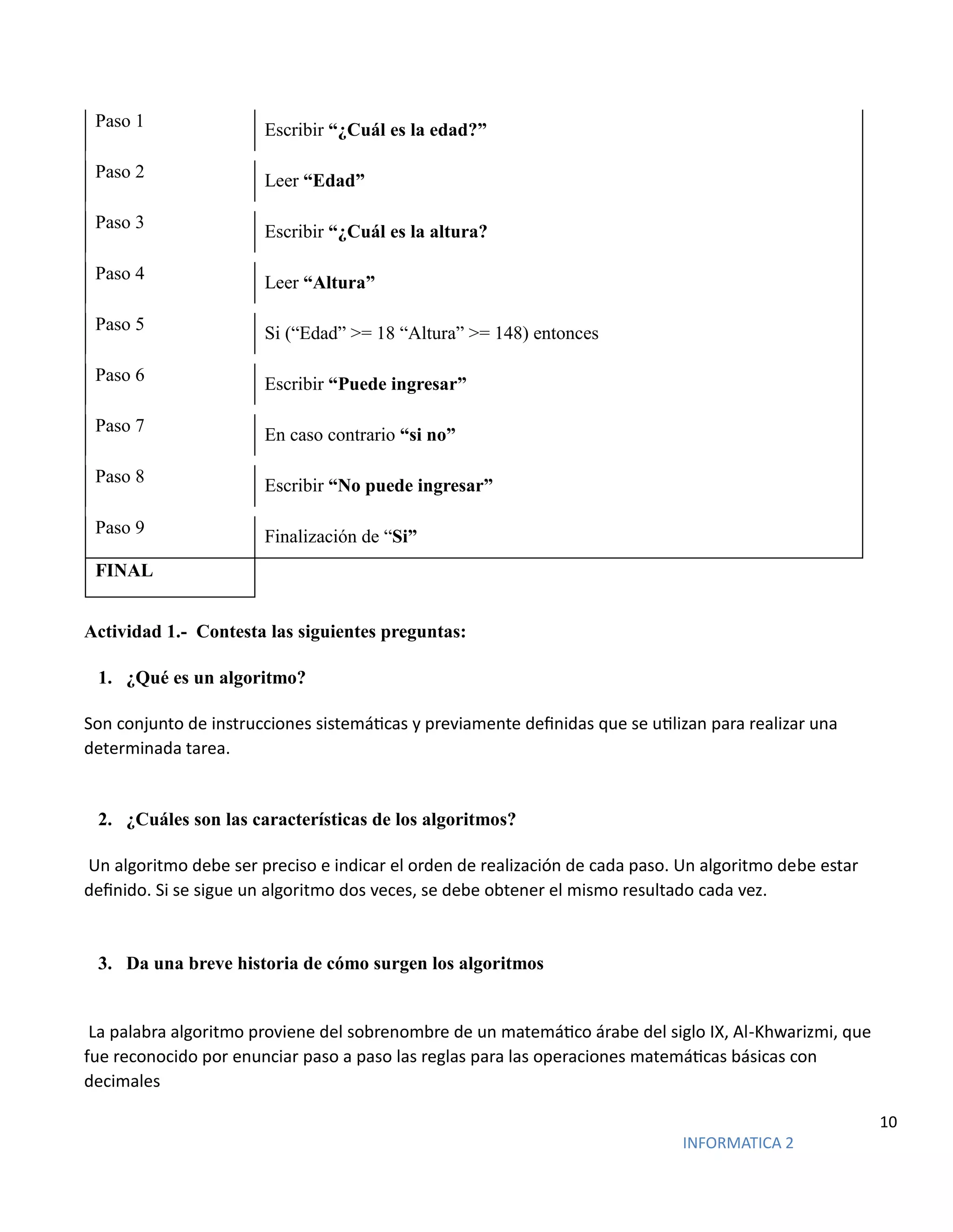 10
INFORMATICA 2
Paso 1 Escribir “¿Cuál es la edad?”
Paso 2 Leer “Edad”
Paso 3
Escribir “¿Cuál es la altura?
Paso 4 Leer “Altura”
Paso 5 Si (“Edad” >= 18 “Altura” >= 148) entonces
Paso 6 Escribir “Puede ingresar”
Paso 7 En caso contrario “si no”
Paso 8 Escribir “No puede ingresar”
Paso 9 Finalización de “Si”
FINAL
Actividad 1.- Contesta las siguientes preguntas:
1. ¿Qué es un algoritmo?
Son conjunto de instrucciones sistemáticas y previamente definidas que se utilizan para realizar una
determinada tarea.
2. ¿Cuáles son las características de los algoritmos?
Un algoritmo debe ser preciso e indicar el orden de realización de cada paso. Un algoritmo debe estar
definido. Si se sigue un algoritmo dos veces, se debe obtener el mismo resultado cada vez.
3. Da una breve historia de cómo surgen los algoritmos
La palabra algoritmo proviene del sobrenombre de un matemático árabe del siglo IX, Al-Khwarizmi, que
fue reconocido por enunciar paso a paso las reglas para las operaciones matemáticas básicas con
decimales
 