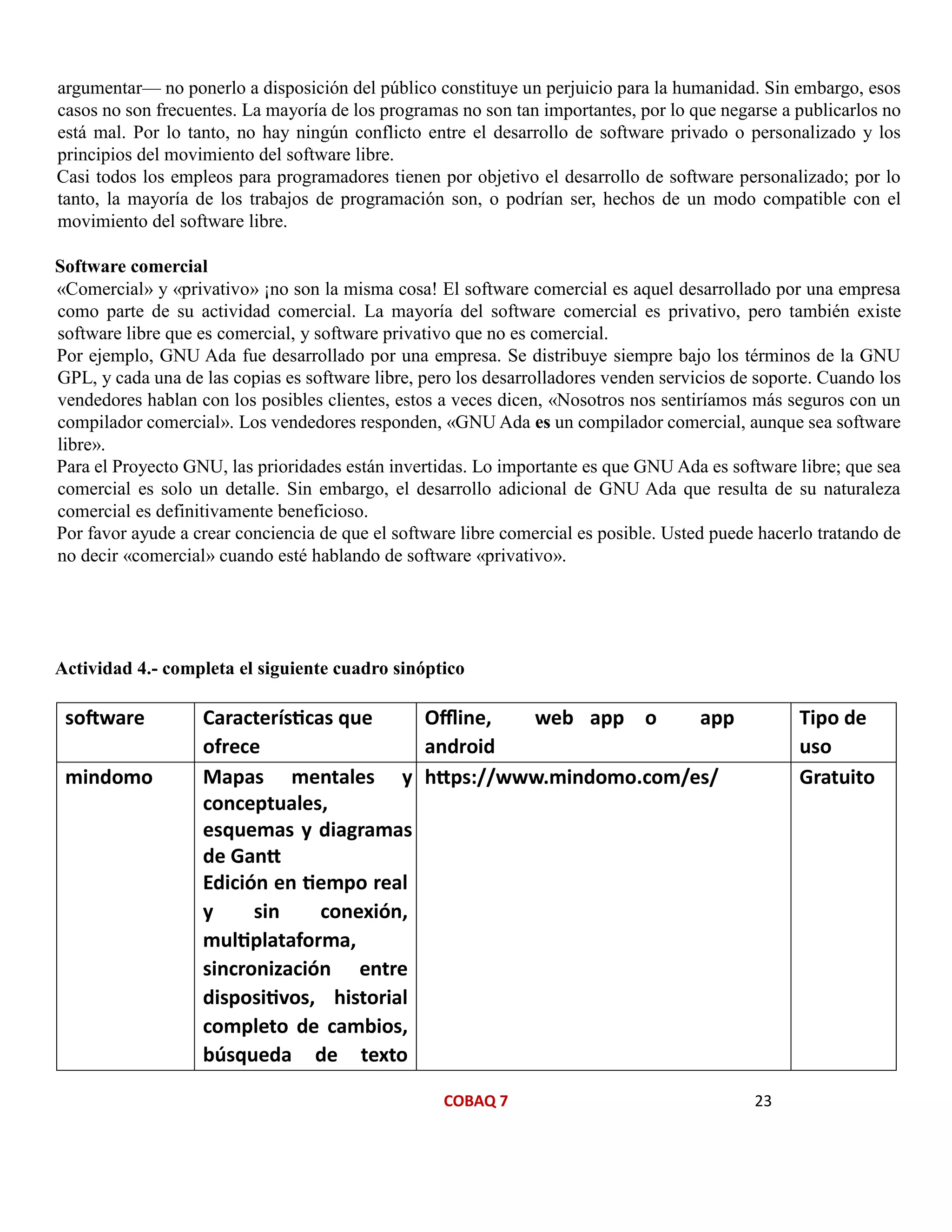COBAQ 7 23
argumentar— no ponerlo a disposición del público constituye un perjuicio para la humanidad. Sin embargo, esos
casos no son frecuentes. La mayoría de los programas no son tan importantes, por lo que negarse a publicarlos no
está mal. Por lo tanto, no hay ningún conflicto entre el desarrollo de software privado o personalizado y los
principios del movimiento del software libre.
Casi todos los empleos para programadores tienen por objetivo el desarrollo de software personalizado; por lo
tanto, la mayoría de los trabajos de programación son, o podrían ser, hechos de un modo compatible con el
movimiento del software libre.
Software comercial
«Comercial» y «privativo» ¡no son la misma cosa! El software comercial es aquel desarrollado por una empresa
como parte de su actividad comercial. La mayoría del software comercial es privativo, pero también existe
software libre que es comercial, y software privativo que no es comercial.
Por ejemplo, GNU Ada fue desarrollado por una empresa. Se distribuye siempre bajo los términos de la GNU
GPL, y cada una de las copias es software libre, pero los desarrolladores venden servicios de soporte. Cuando los
vendedores hablan con los posibles clientes, estos a veces dicen, «Nosotros nos sentiríamos más seguros con un
compilador comercial». Los vendedores responden, «GNU Ada es un compilador comercial, aunque sea software
libre».
Para el Proyecto GNU, las prioridades están invertidas. Lo importante es que GNU Ada es software libre; que sea
comercial es solo un detalle. Sin embargo, el desarrollo adicional de GNU Ada que resulta de su naturaleza
comercial es definitivamente beneficioso.
Por favor ayude a crear conciencia de que el software libre comercial es posible. Usted puede hacerlo tratando de
no decir «comercial» cuando esté hablando de software «privativo».
Actividad 4.- completa el siguiente cuadro sinóptico
software Características que
ofrece
Offline, web app o app
android
Tipo de
uso
mindomo Mapas mentales y
conceptuales,
esquemas y diagramas
de Gantt
Edición en tiempo real
y sin conexión,
multiplataforma,
sincronización entre
dispositivos, historial
completo de cambios,
búsqueda de texto
https://www.mindomo.com/es/ Gratuito
 